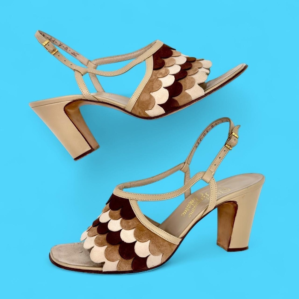Rare! 60s Rosina Ferragamo Schiavone slingback block heels scallop suede vamp
